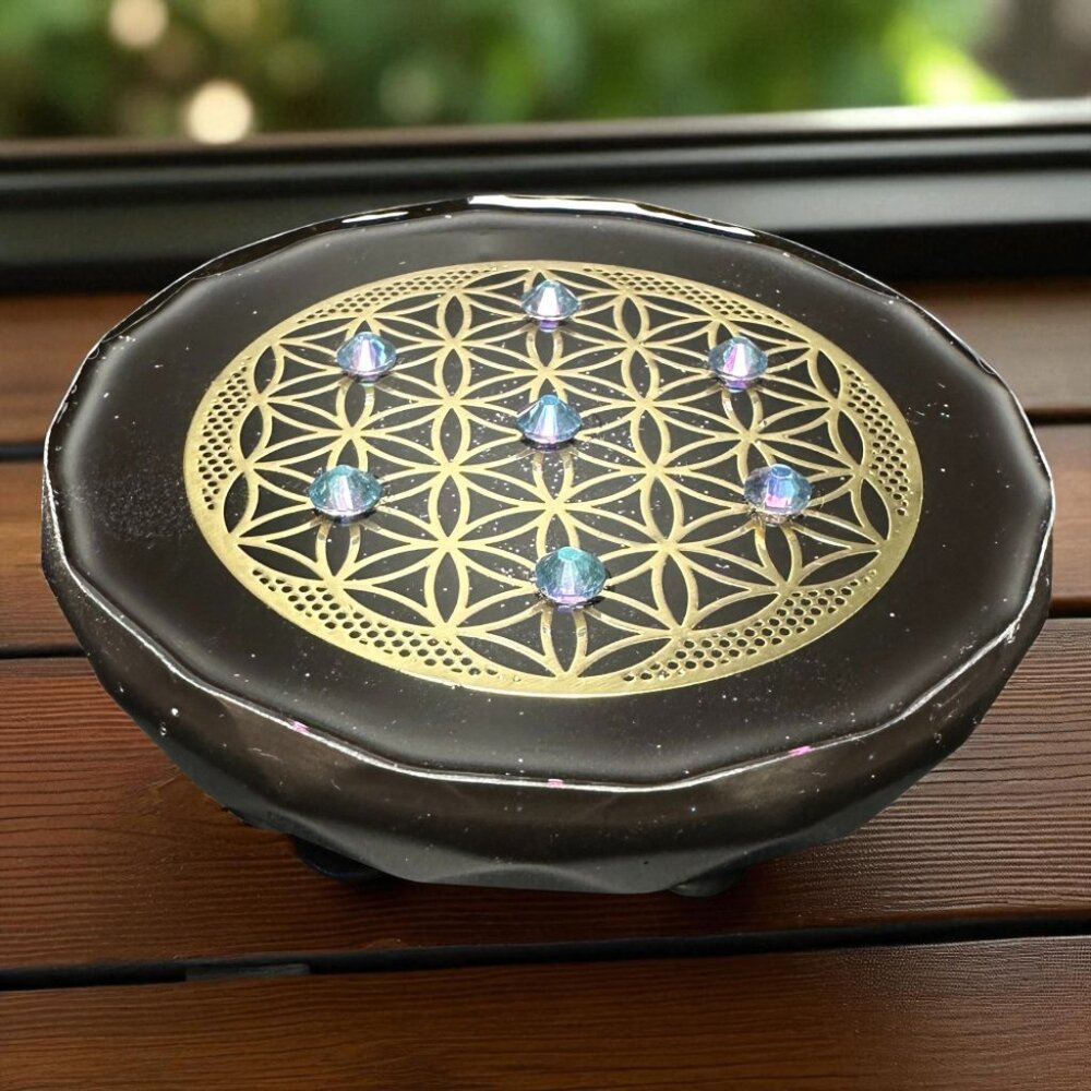 Flower of Life Crystal and Brass Orgonite Grid